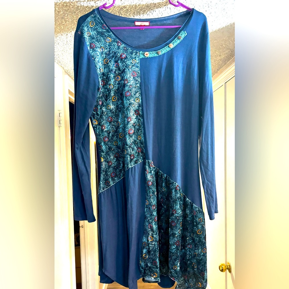 Joe Browns Round Neck Long Sleeve Plus Size Blue Dress